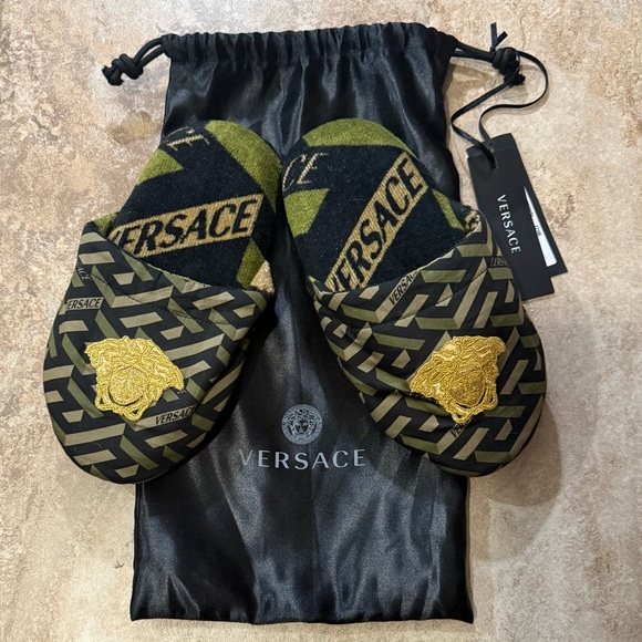 Versace Shoes - New with tags: Versace Olive and Black Slippers with Gold Medusa Size S 5/6